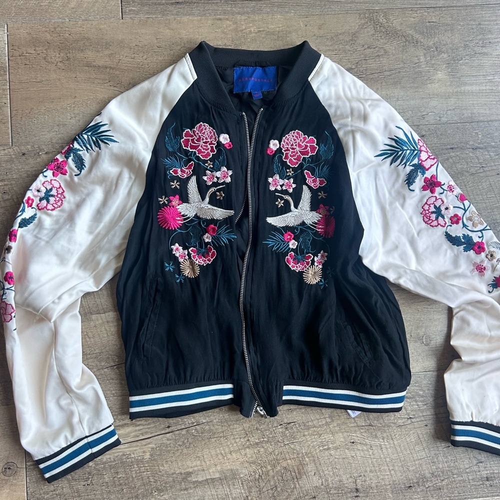 Aeropostale Black and White Bomber Jacket with Floral Embroidery